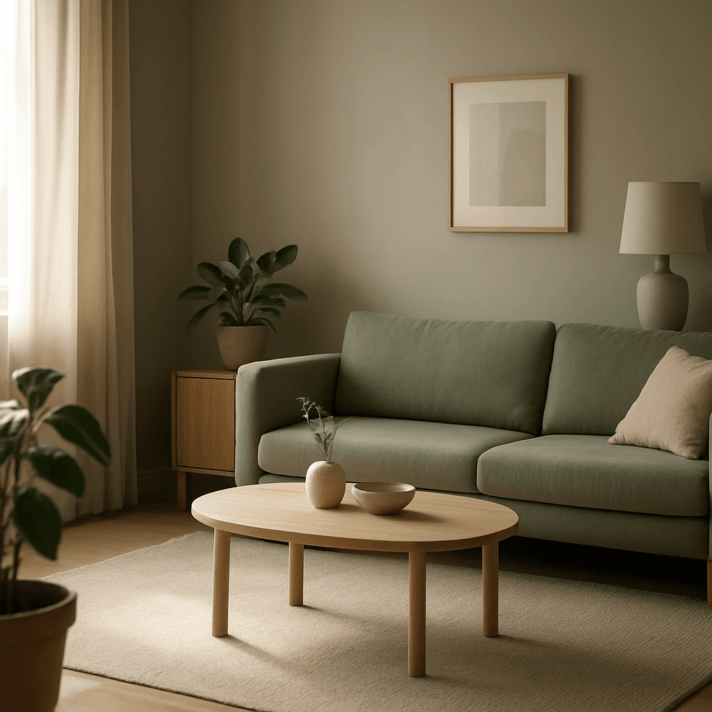 A sunlit living room with a green sofa and warm natural details